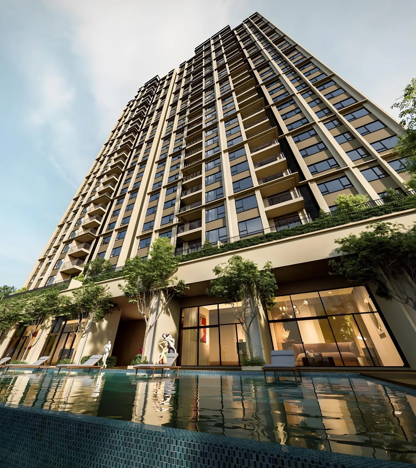 Artist's impression of the Accent PJ tower seen from the pool deck, with retail frontage and planting at podium level.
